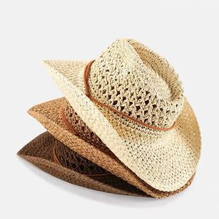 Womens Straw Western Cowboy Hat Foldable Wide Brim Summer Su