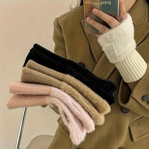 Women's Winter Half Finger Furry Gloves with Solid Color Ins
