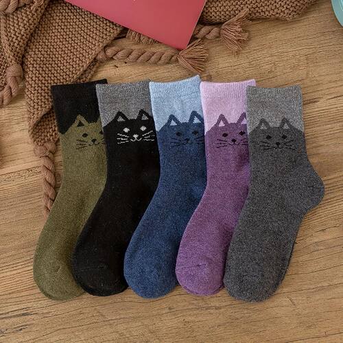 5 Pairs Women's Autumn/Winter Cat Print Low Socks, Casual So