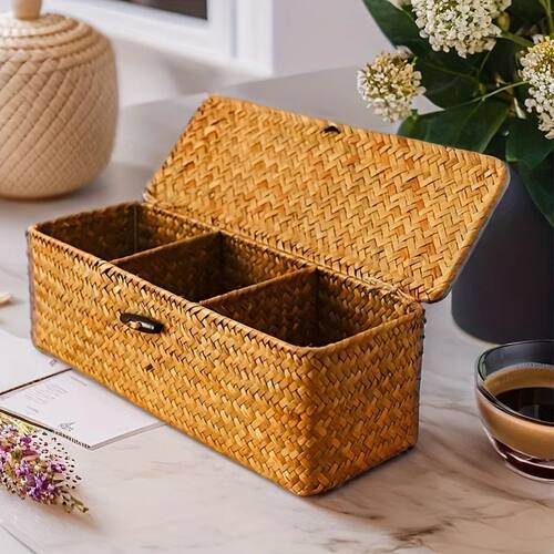Partitioned Storage Box, Handcrafted Woven Storage Basket, R