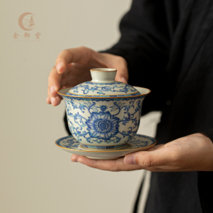 黄汝窑青花瓷开片缠枝莲纹盖碗中式素雅陶瓷茶壶功夫茶具送礼佳品