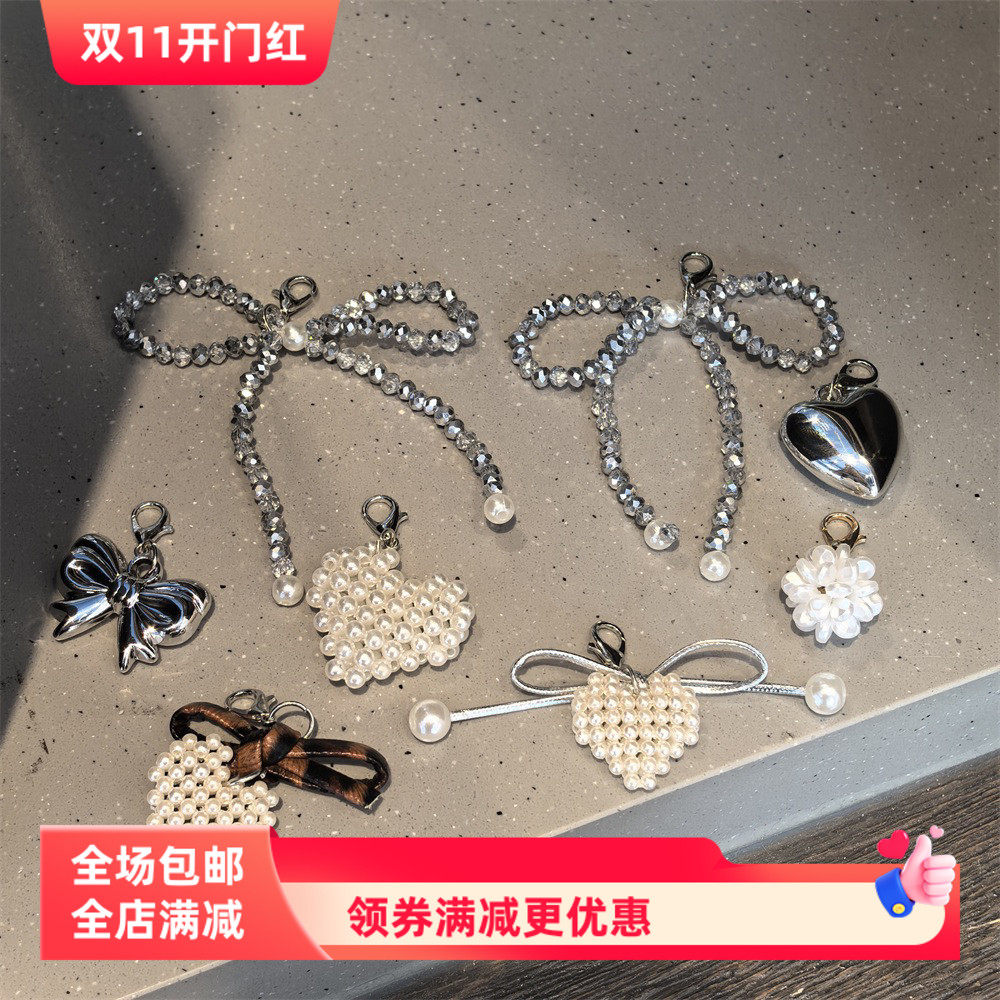 涉谷辣妹芭蕾风闪钻银灰水晶蝴蝶结挂件玛丽珍豹纹珍珠爱心鞋花配