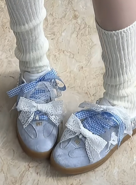 白色蕾丝蝴蝶结珍珠后跟链配饰适配kappa蓝色T头鞋德训鞋鞋扣鞋花