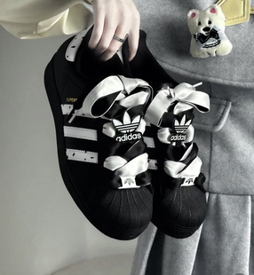 黑银色丝带鞋带组合适配三叶草贝壳头gazelle鞋扣samba鞋子装饰品