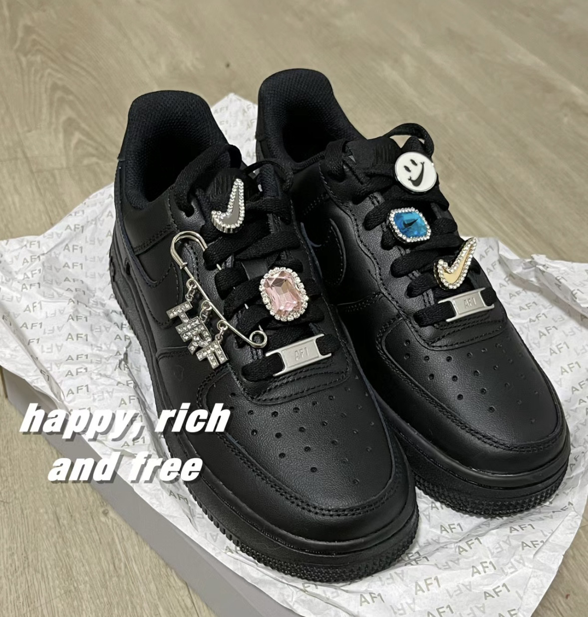 适配AF1空军一号黑武士粉色钩子图案logo鞋带纯黑扁型aj1鞋绳子