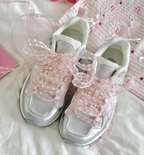 点点网纱鞋带适配女款粉白色欧根雪纺蕾丝透明鬼冢虎芭蕾风银色鞋