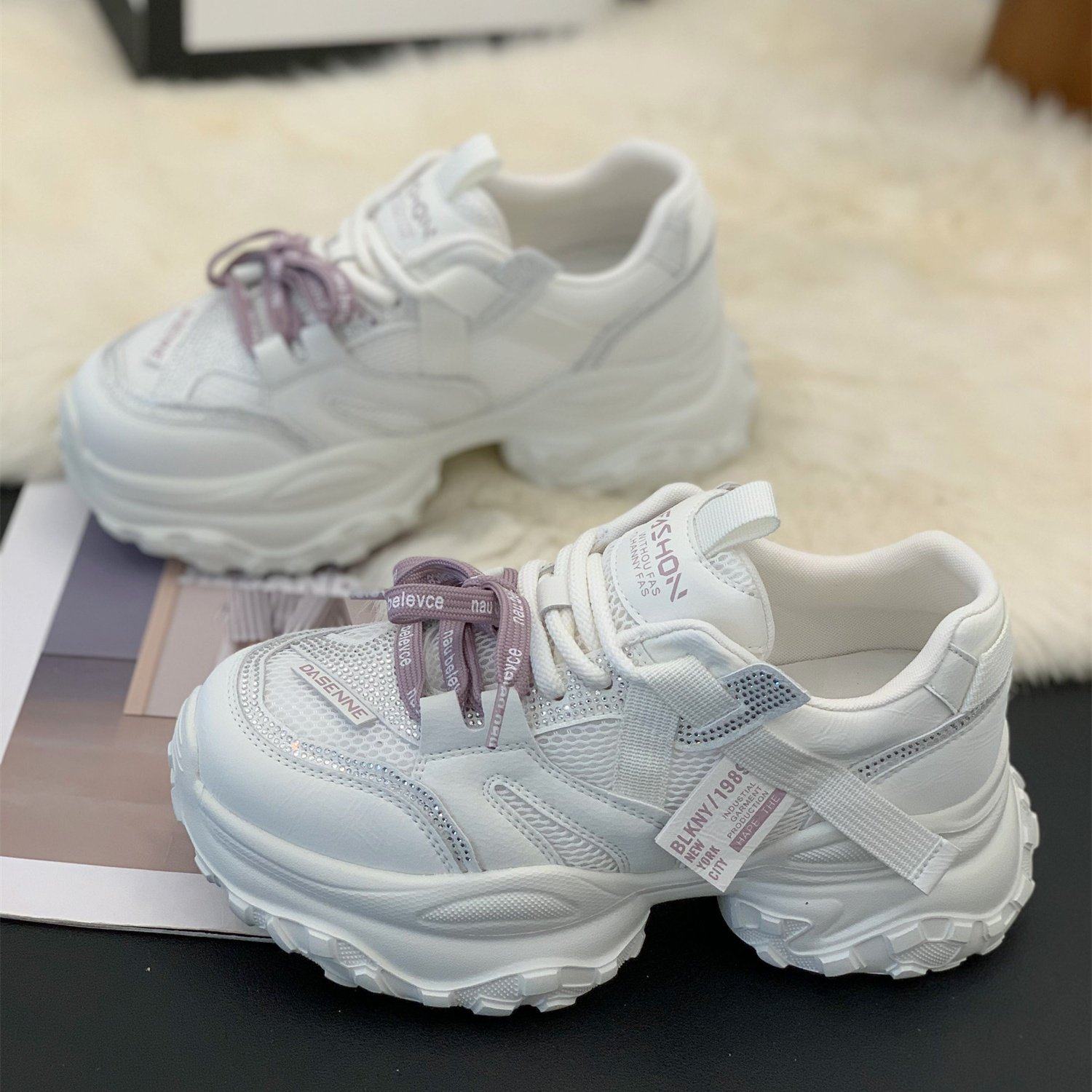 韩式厚底老爹鞋女2026年春季新款增高软弹舒适交叉绑带休闲运动鞋,女鞋,老爹鞋,淘宝优惠券,粉丝福利购,淘宝优惠卷