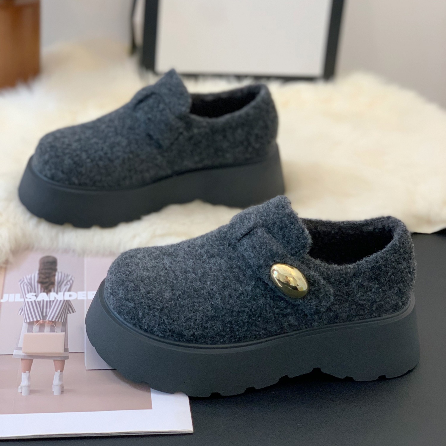 美式复古磨砂简约魔术贴乐福鞋女