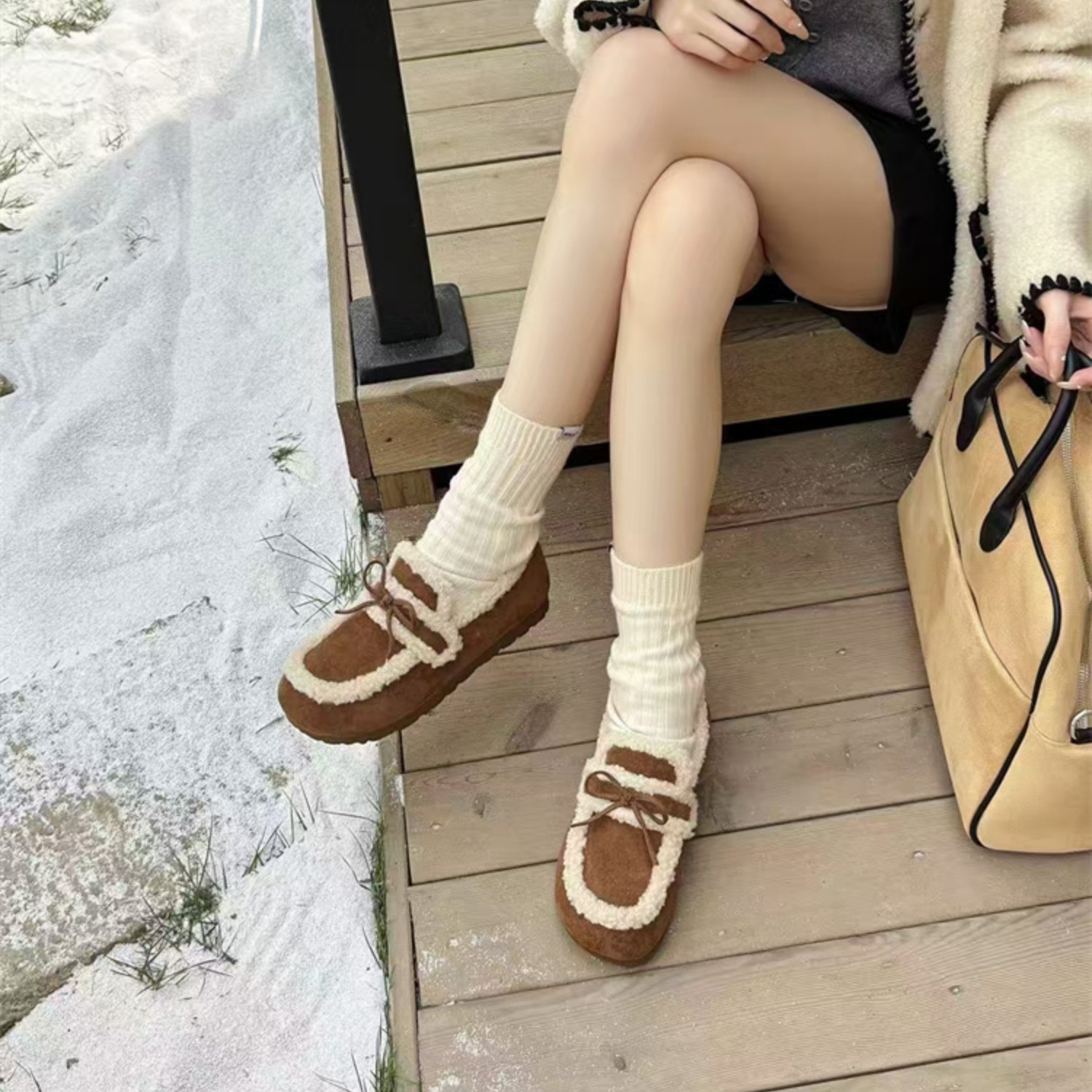 欧美平底舒适蝴蝶结加绒勃肯鞋女
