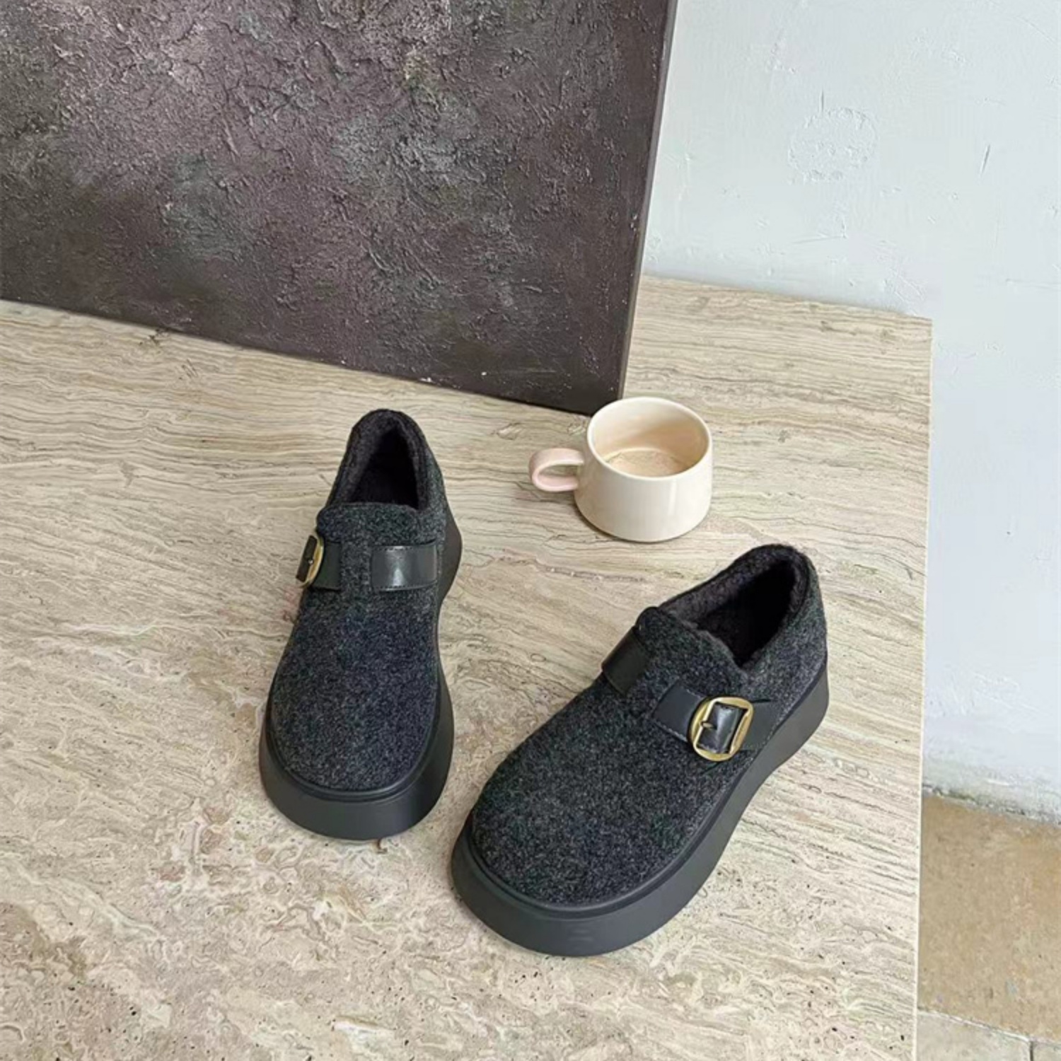 复古绒面毛呢厚底增高加绒勃肯鞋