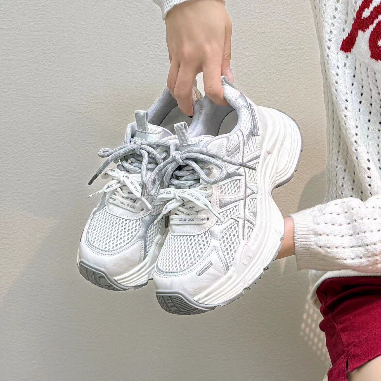 韩版厚底学生增高老爹鞋女2026夏季新款透气单网双鞋带休闲运动鞋