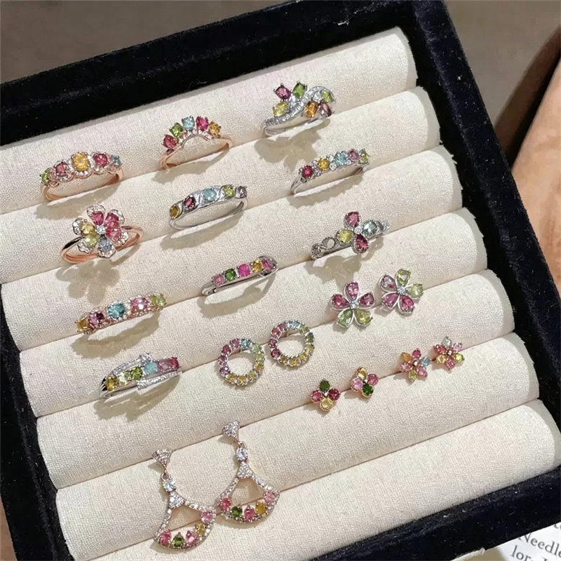 纯银镶彩虹色碧玺戒指耳钉耳饰轻奢高级感纯银碧玺戒指