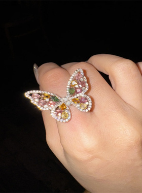 碧玺大蝴蝶戒指天然碧玺S925银镶嵌气质时尚个性大气百搭