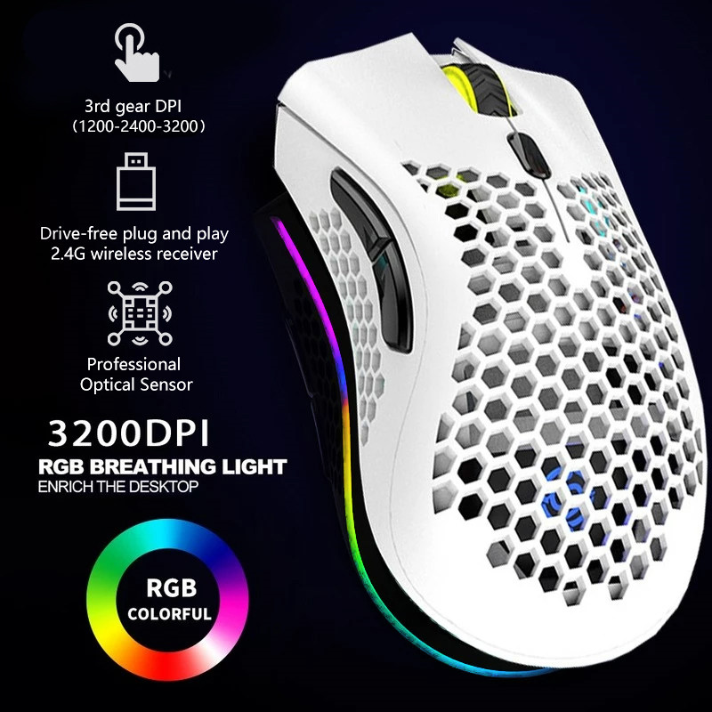 2.4G 무선 마우스 RGB 라이트 허니컴 게이밍 마우스 재충전