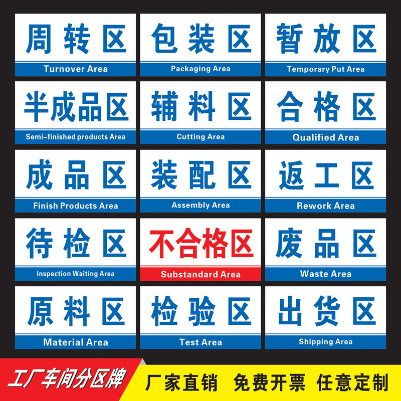 工厂生产车间区域划分标识牌科室库房仓库公司分区标示指示牌成品不良
