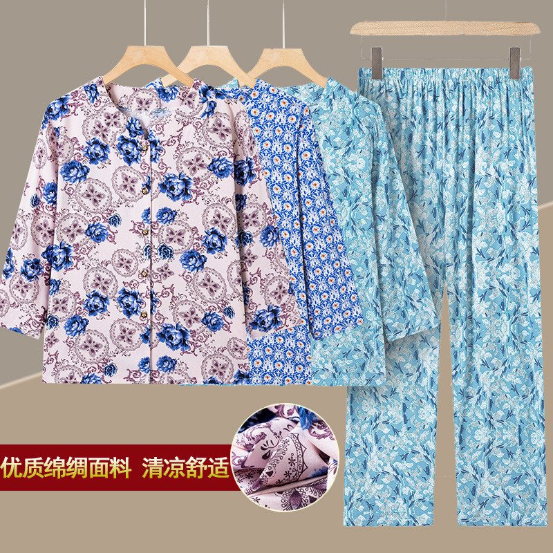中老年女装七分袖花卉印花保暖套装妈妈装宽松棉绸三件套加厚休闲