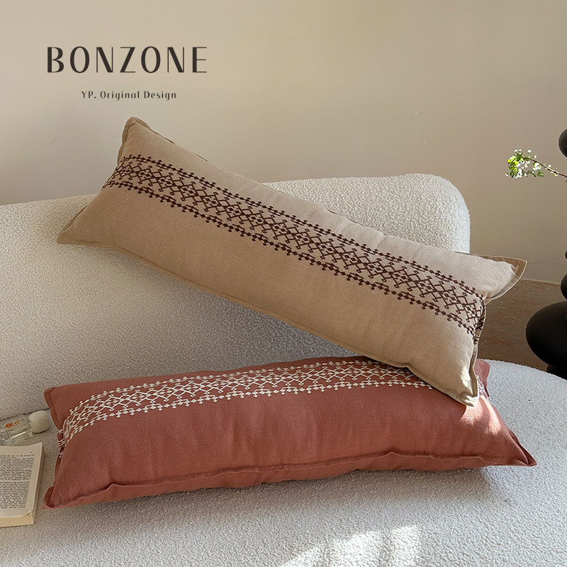 美式沙发抱枕长条腰枕复古棉麻菱格花纹刺绣客厅靠背垫腰靠枕靠垫