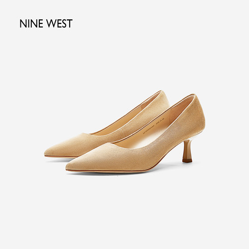 Nine West/玖熙尖头高跟鞋年夏季新款羊反绒6cm法式单鞋高级
