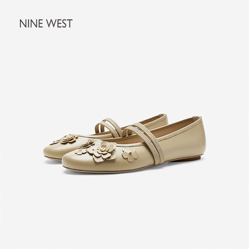 Nine West/玖熙花朵一字带玛丽珍鞋女法式优雅芭蕾平底单鞋浅口鞋