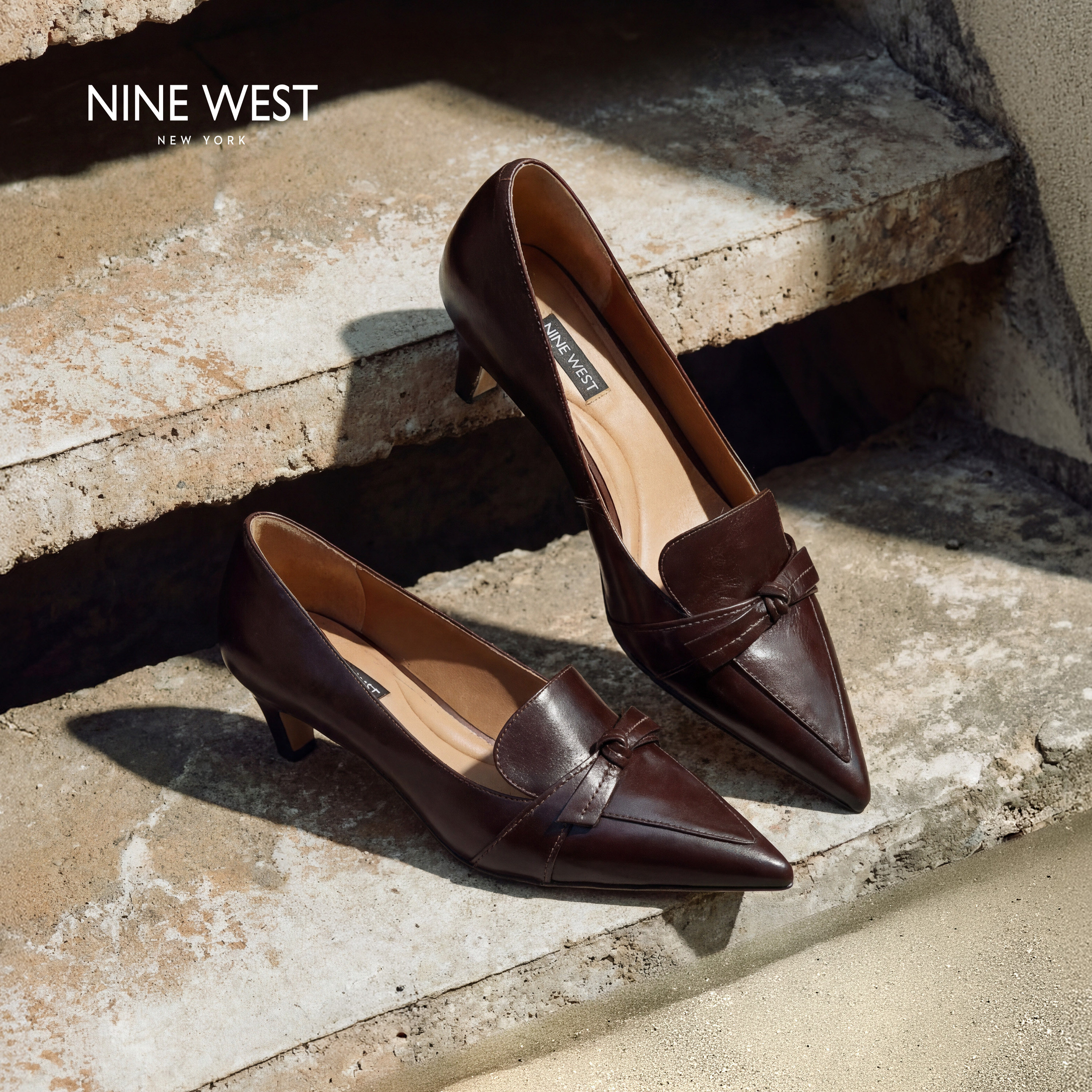 Nine West/玖熙复古风尖头女鞋中跟不累脚真皮百搭通勤浅口单鞋女图片