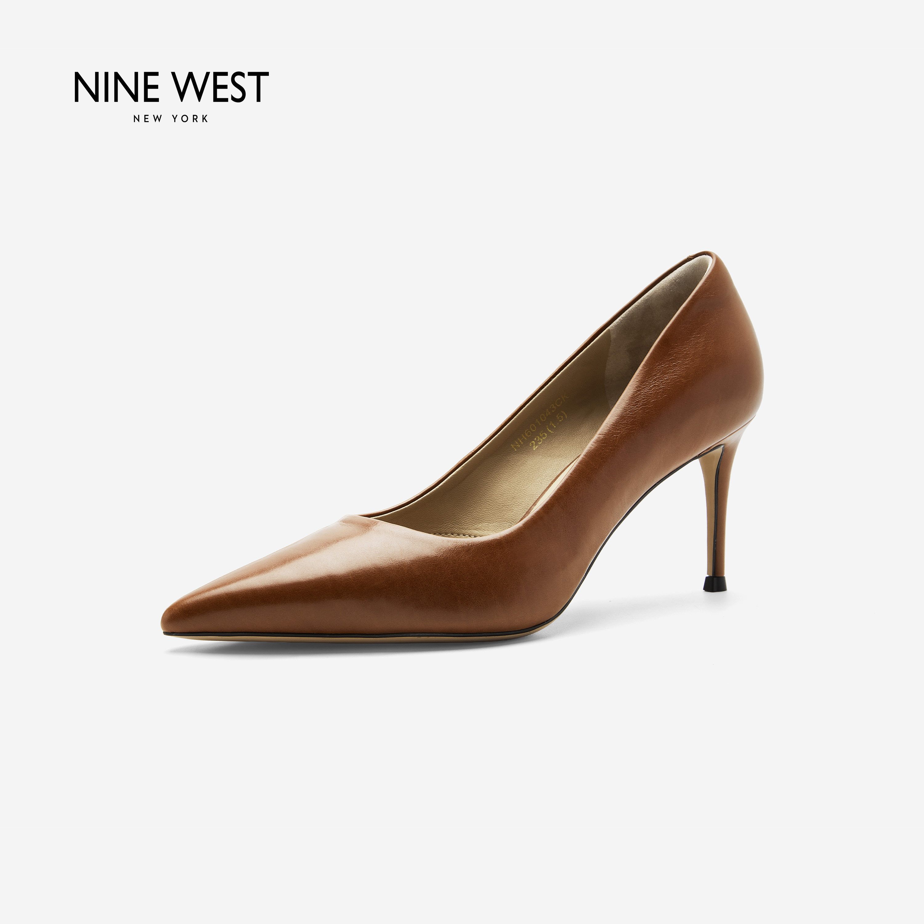 Nine West/玖熙胎牛皮咖色细高跟鞋女舒适软垫通勤不累脚浅口单鞋