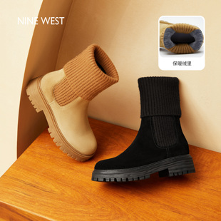 百搭大黄靴短靴 玖熙弹力靴女2025秋冬加绒厚底休闲鞋 Nine West