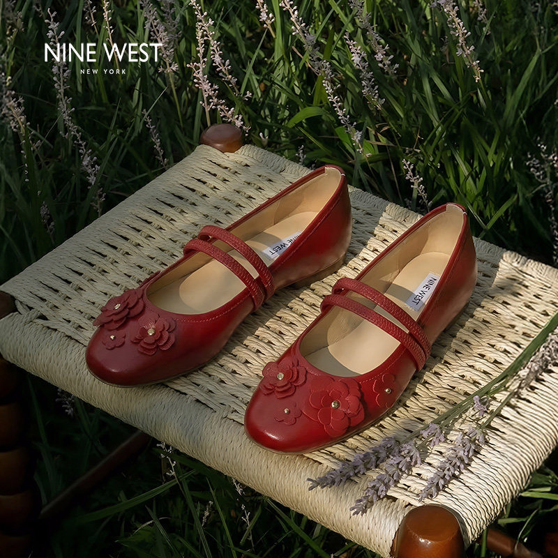 Nine West/玖熙红色花朵玛丽珍鞋女2026夏新款复古甜美风平底单鞋