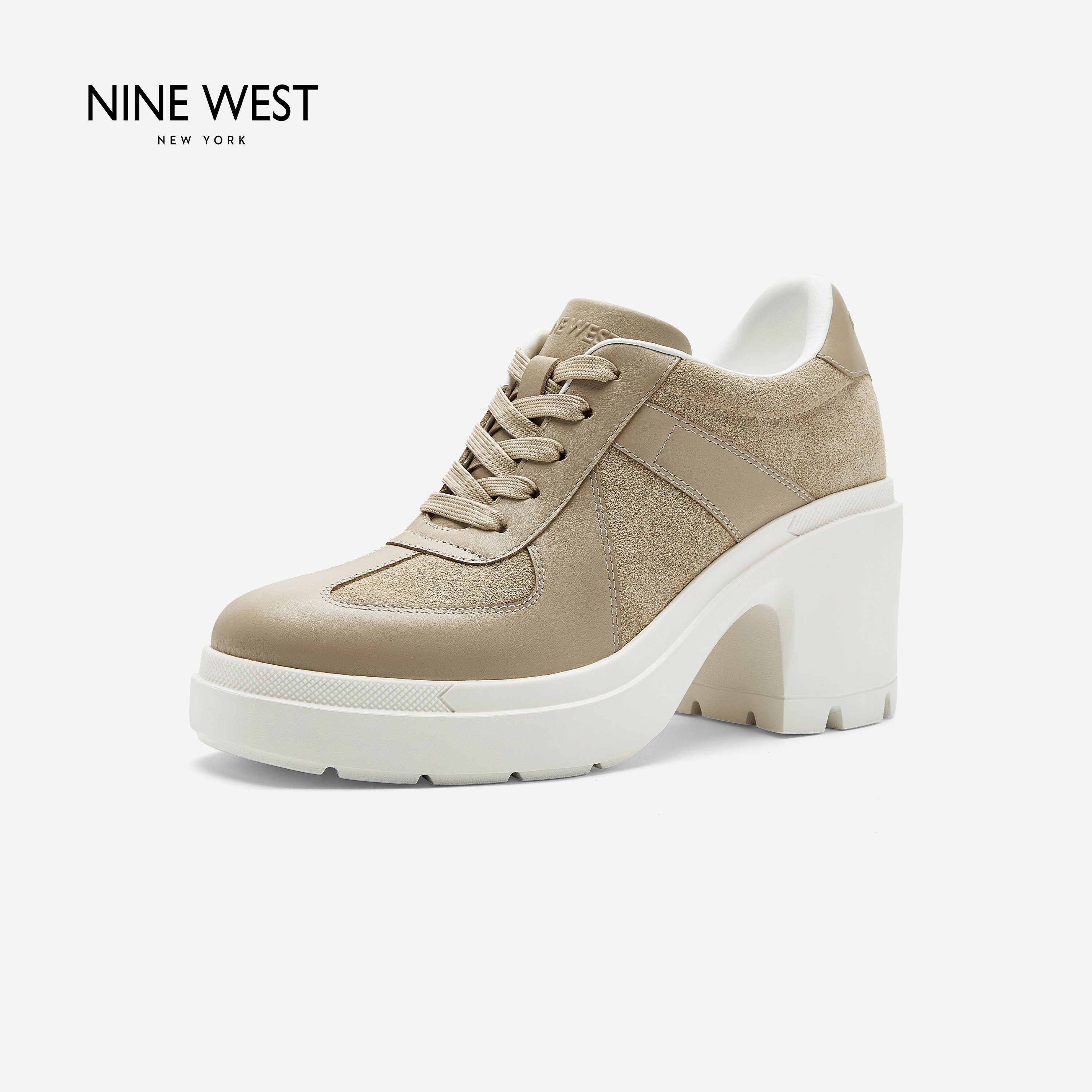 Nine West/玖熙时装粗跟德训鞋女秋冬新款百搭高跟舒适系带休闲鞋