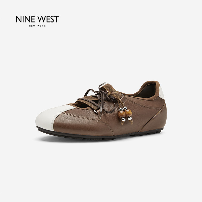 Nine West/玖熙复古拼接德训鞋女串珠系带软底休闲通勤平底运动鞋