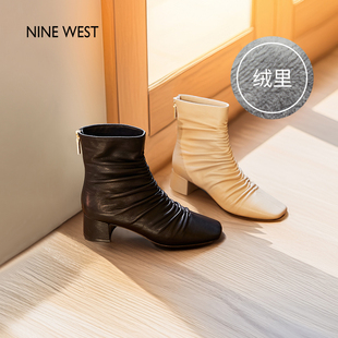 West Nine 玖熙靴子女冬加绒粗跟短靴方头瘦瘦靴棉鞋 商场同款