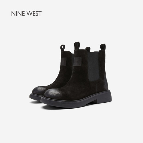 Nine West/玖熙黑色切尔西靴女秋冬厚底短靴女通勤百搭套筒靴子女