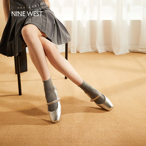 江一燕同款Nine West/玖熙银色芭蕾鞋女玛丽珍女单鞋软底平底鞋