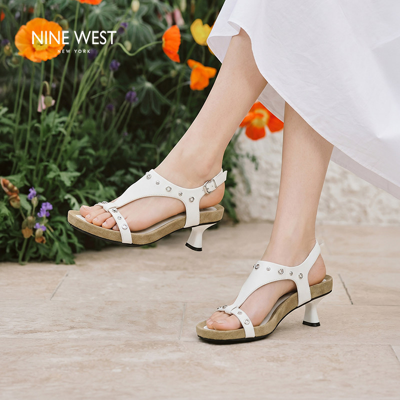 Nine West/玖熙T 型水钻细跟凉鞋女夏季后绊带气质露趾高跟女鞋