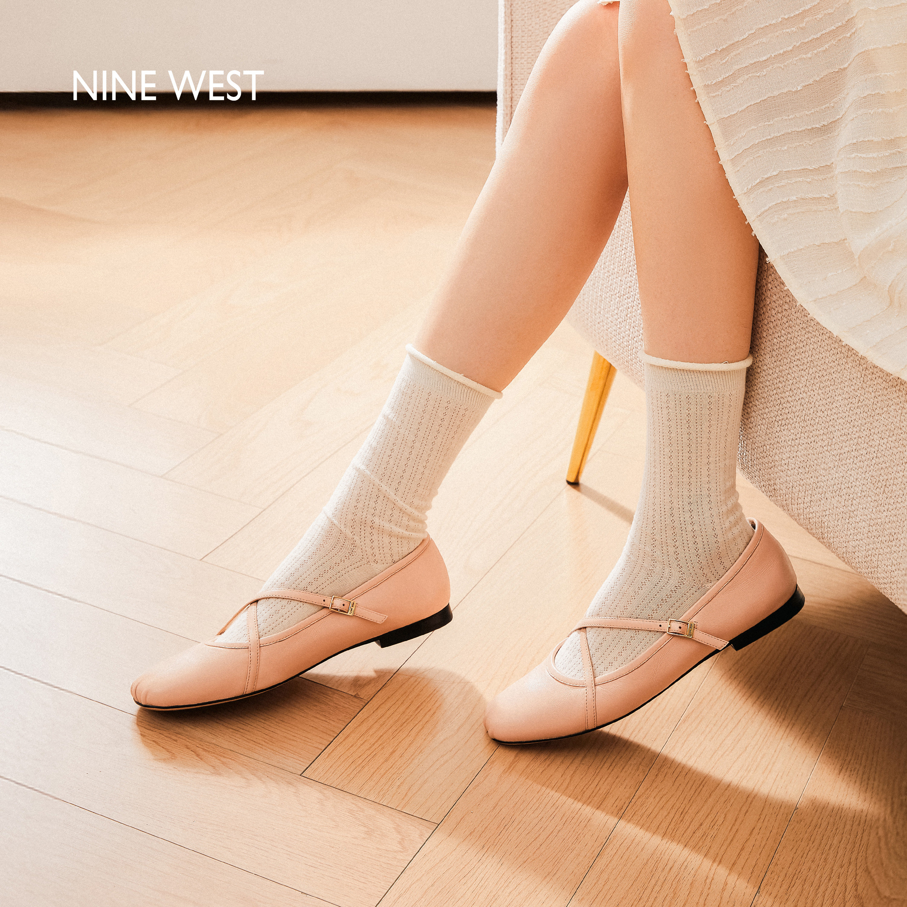 Nine West/玖熙法式真皮交叉带芭蕾舞鞋女平底玛丽珍鞋浅口单鞋