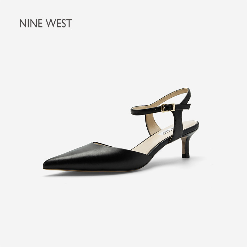 Nine West/玖熙黑色尖头细高跟女士时装凉鞋女小猫跟真皮高