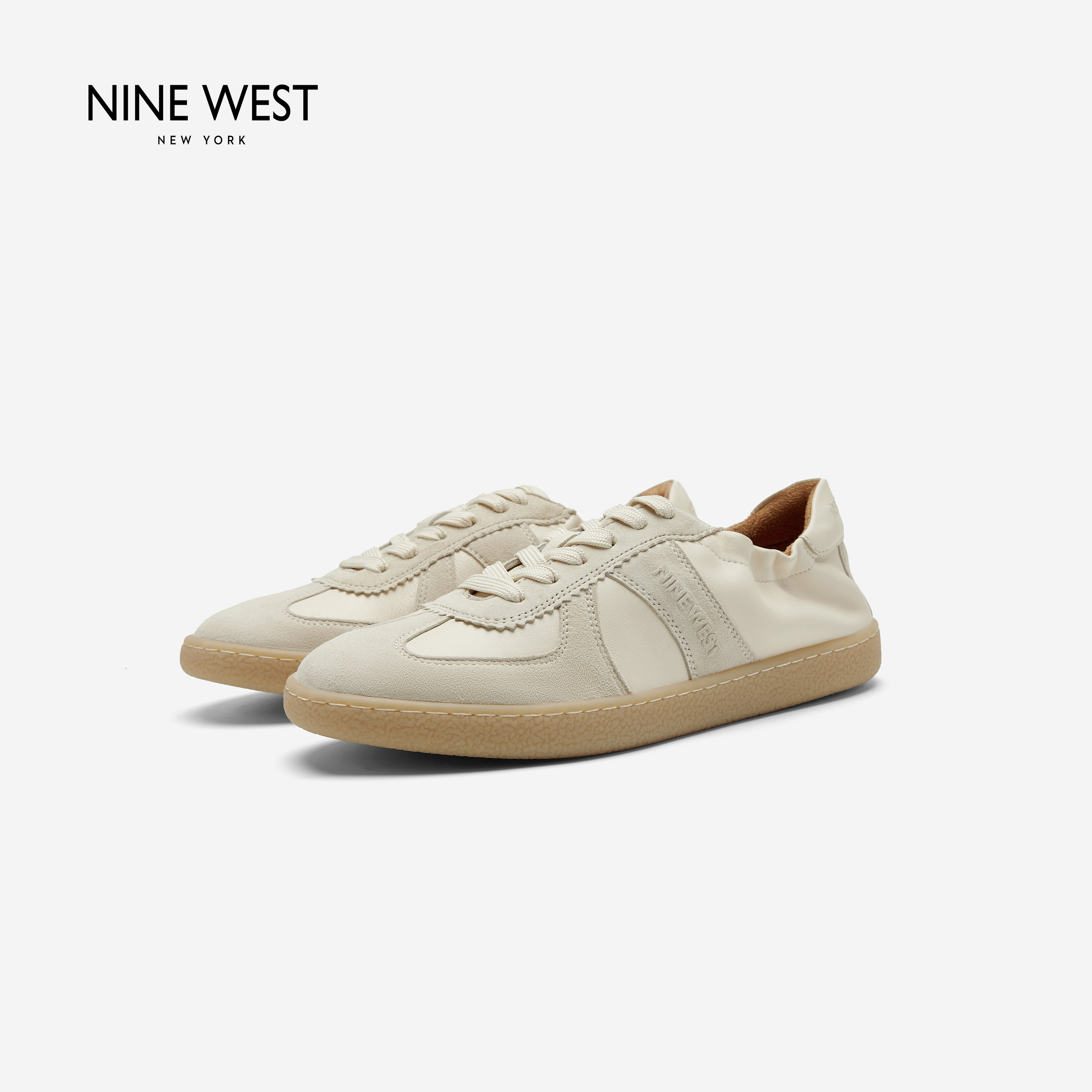 Nine West/玖熙拼接德训平底女鞋系带软底复古风舒适日常休闲单鞋
