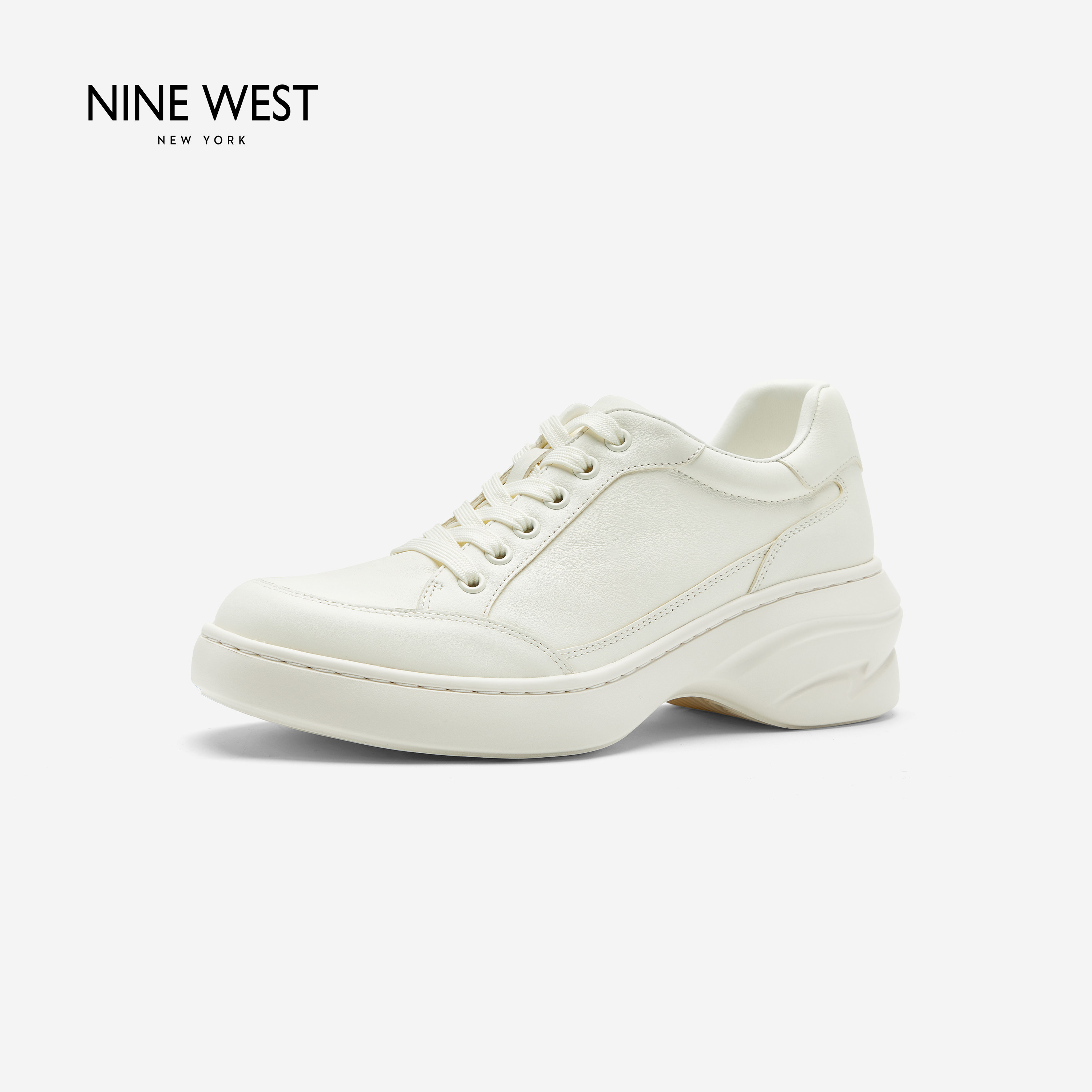 Nine West/玖熙厚底小白鞋女新款真皮系带增高轻便百搭通勤休闲鞋