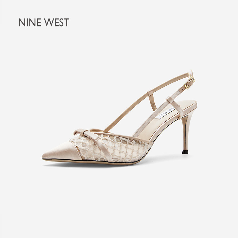 Nine West/玖熙网纱蝴蝶结后空细跟凉鞋女尖头绊带通勤时装单鞋女
