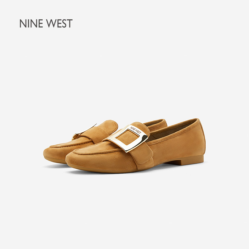 Nine West/玖熙英伦风方扣麂皮乐福鞋女黑色平底一脚蹬百搭豆豆鞋