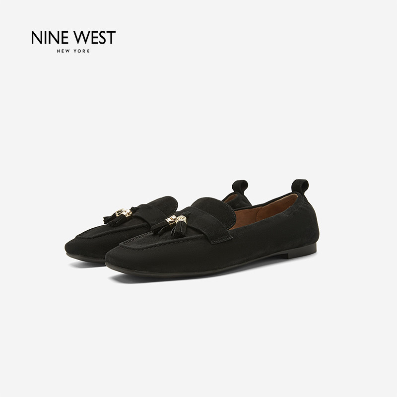 Nine West/玖熙咖啡云绒英伦风流苏乐福鞋女黑色一脚蹬通勤豆豆鞋