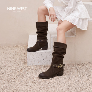 明星同款Nine West/玖熙游牧风堆堆靴女2026秋冬粗跟西部靴高筒靴