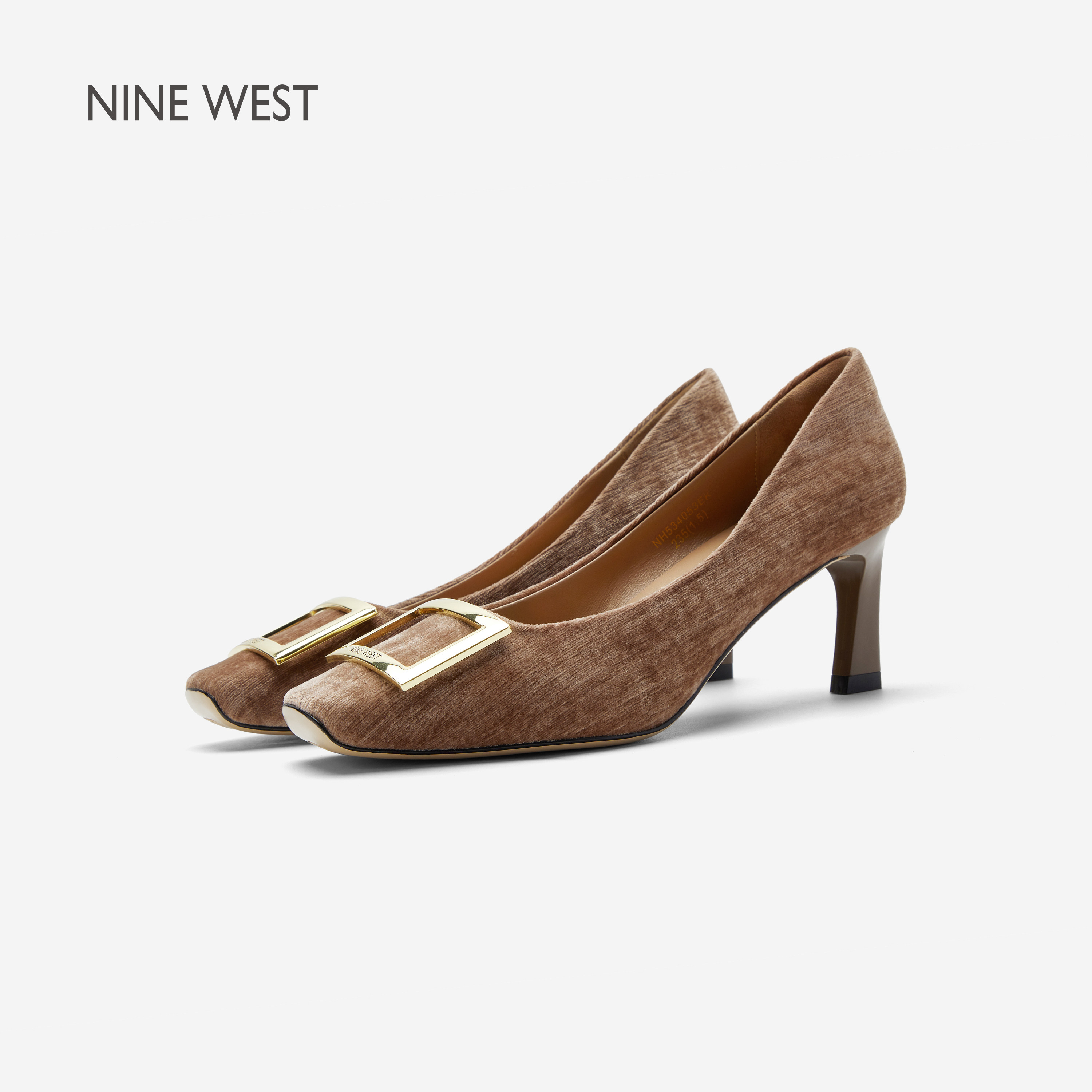 Nine West/玖熙通勤风方扣浅口单鞋女中跟细高跟鞋气质法式职业鞋