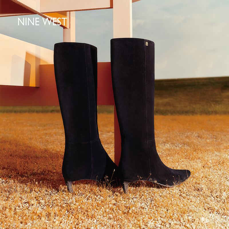 Nine West/玖熙尖头细跟直筒长靴女磨砂侧拉链户外防滑百搭时装靴