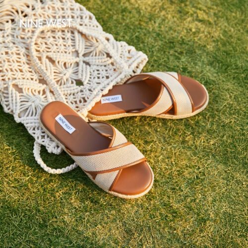 Nine West/玖熙厚底草编凉拖女夏外穿新款交叉带一字拖防滑沙滩鞋