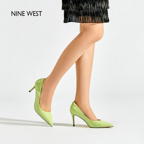 Nine West/玖熙绿色光面新款尖头细跟单鞋女通勤优雅百搭法式女鞋