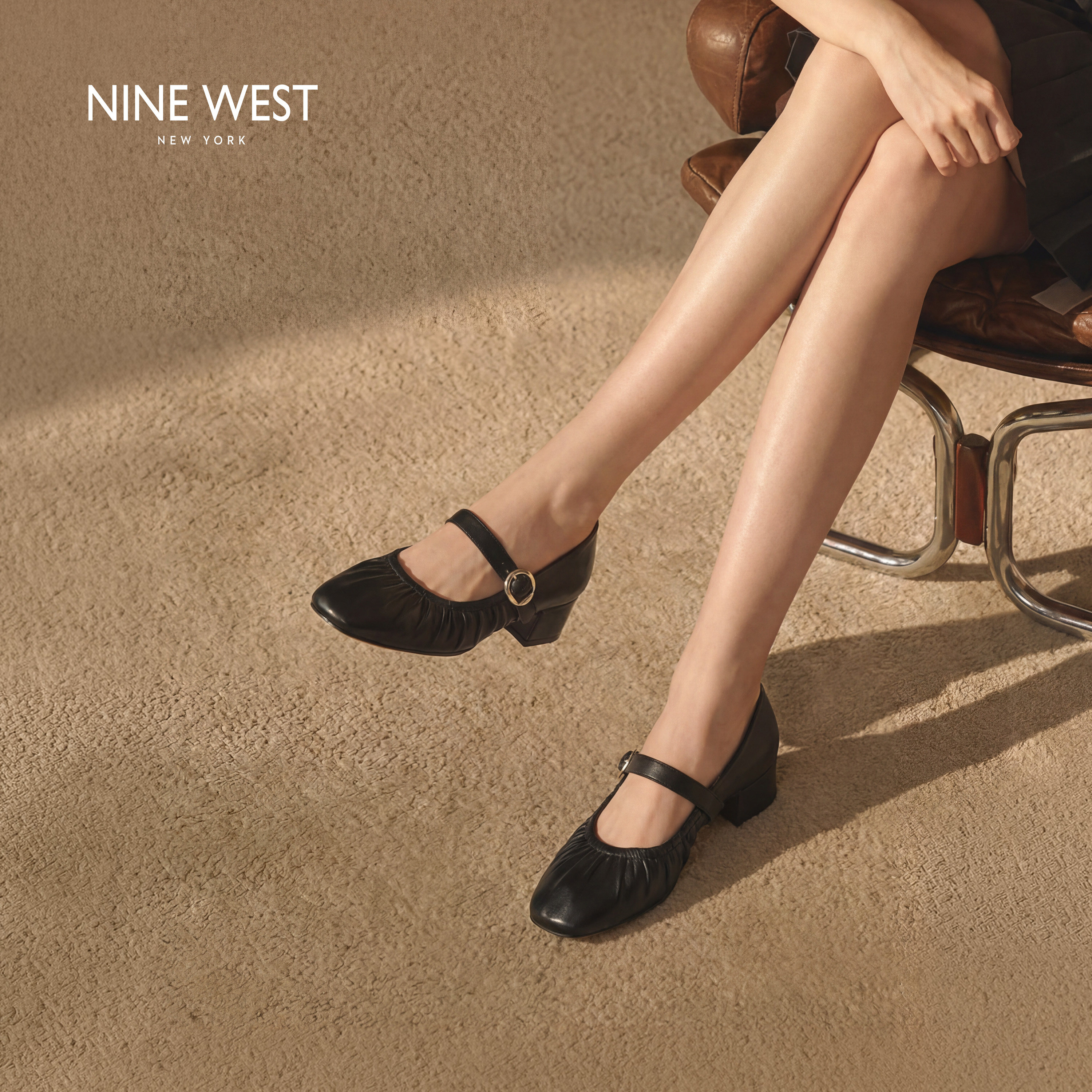 Nine West/玖熙经典黑色玛丽珍鞋女粗跟一字扣带复古方头浅口单鞋