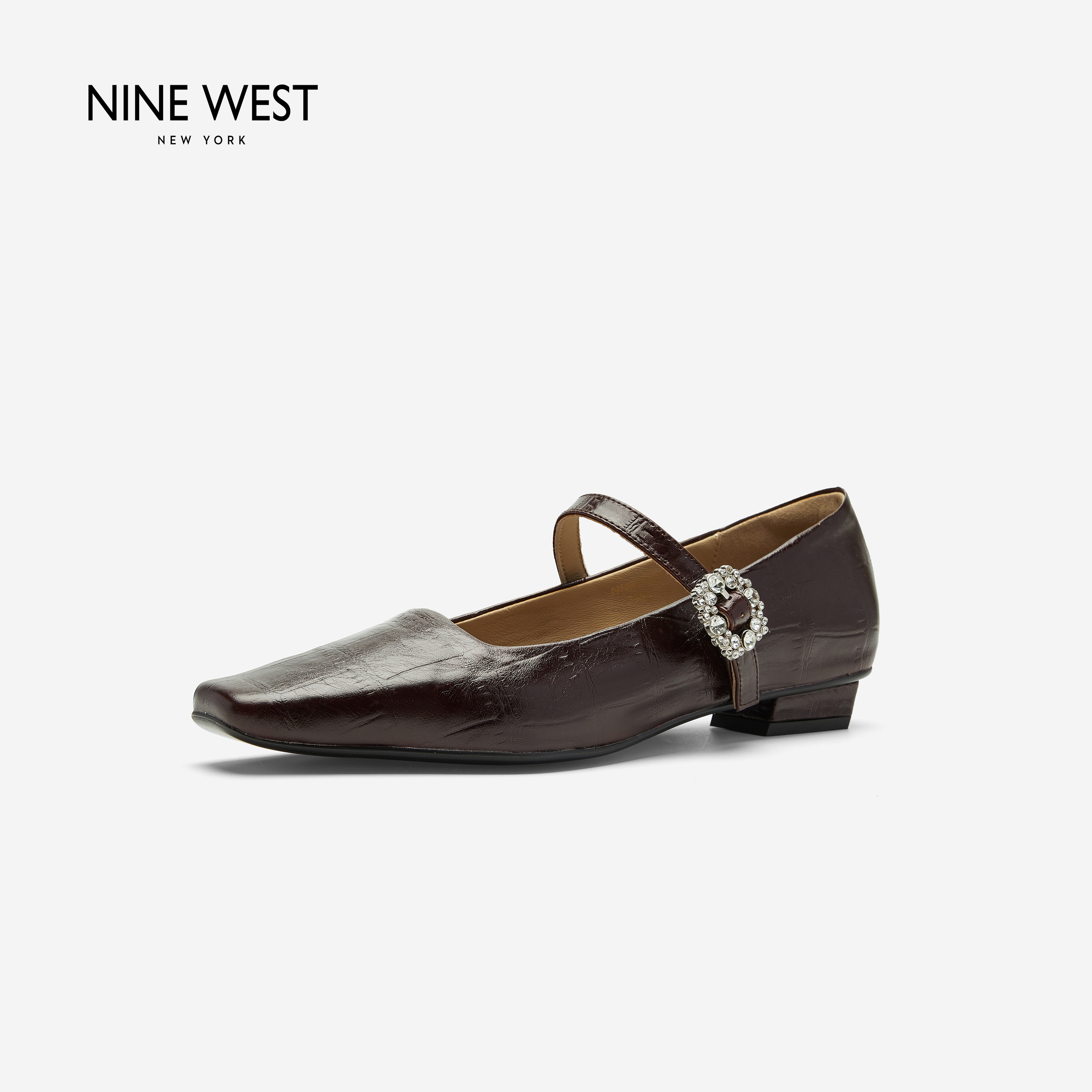 Nine West/玖熙褶皱软皮玛丽珍鞋女方头水钻扣低跟浅口复古通勤鞋