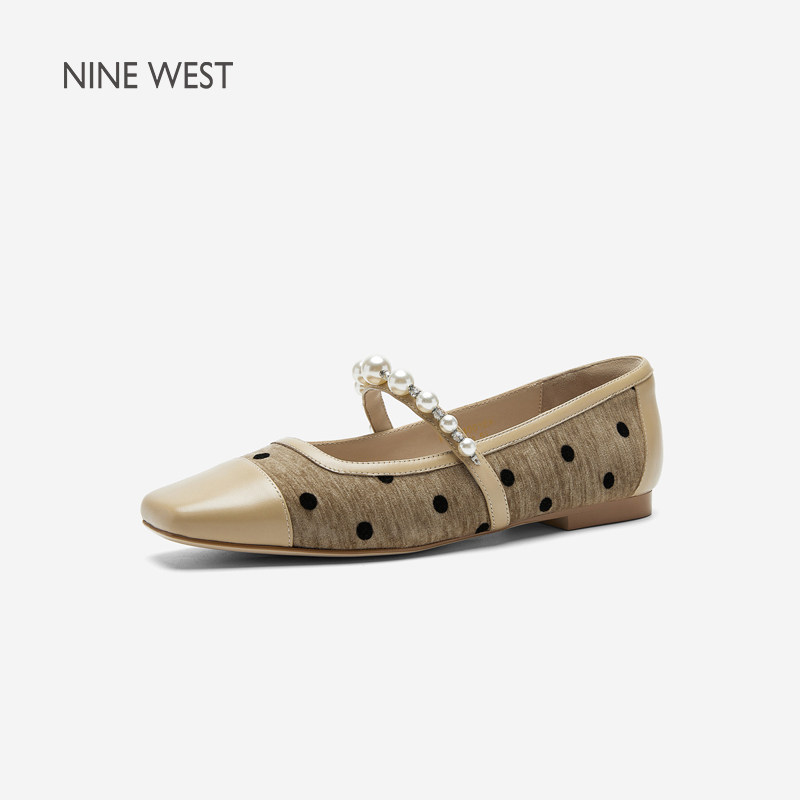 【商场同款】Nine West/玖熙珍珠方头玛丽珍鞋女夏季平底优雅单鞋