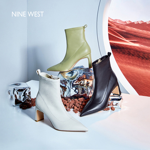 Nine West/玖熙弹力法式真皮裸靴秋冬新款尖头干练短靴瘦瘦靴子女