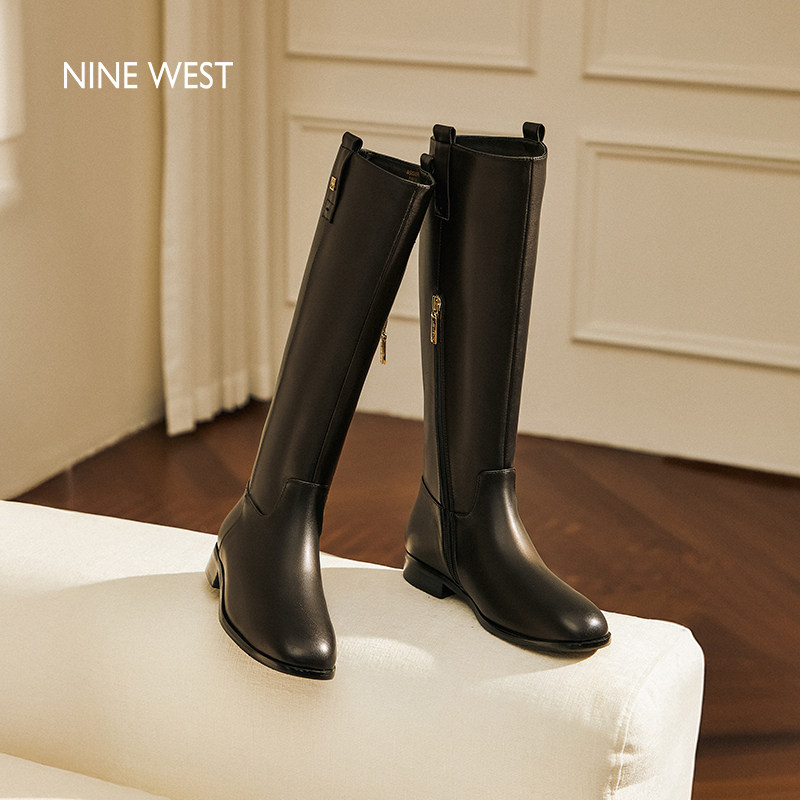 Nine West/玖熙不过膝骑士长靴女侧拉链职场防滑秋冬直筒长筒靴子